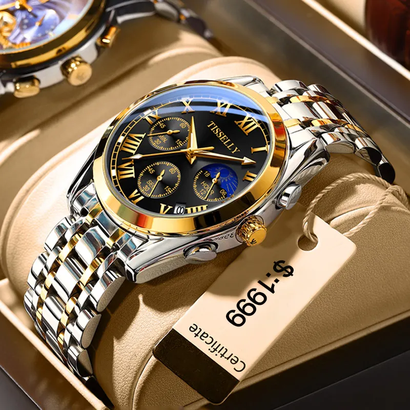 로마 스타일 가죽 스트랩 럭셔리 남성 시계 빛나는 방수 크로노 그래프 Quart 시계 남자 손목 사용자 정의 로고 T6602