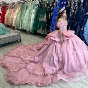 Abito per adulti Quinceanera con spalle scoperte senza schienale posteriore 3Dl con decalcomania floreale gonna ampia con orlo abito <span class=keywords><strong>da</strong></span> principessa dolce - Product Image 1