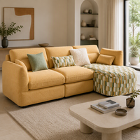 Canapé d'angle moderne en lin-coton couleur moutarde, canapé modulaire en forme de L avec ottoman et coussins, tissu écologique, meubles de salon