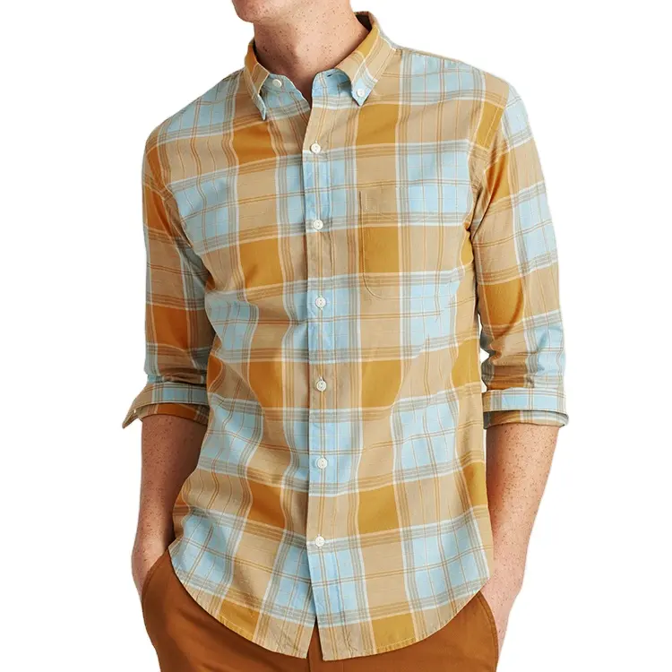 2021 new arrival comfort stretch fabric regular fit yellow and blue color plaid shirt men checked shirts