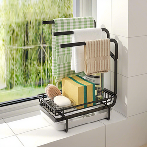 Étagère de rangement moderne en métal à double niveau pour évier avec barre porte-serviettes et égouttoir pour l'organisation de la cuisine - Product Image 1