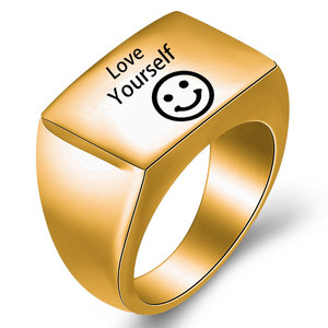 Love Yourself Smiley Face <b>Ring</b> 13mm Rectangular Unisex Jewelry Gift Steel Gold Gunmetal - Product Image 3
