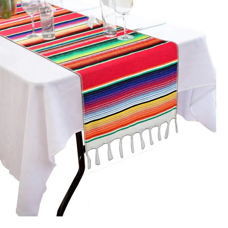 Hokic Mexican Table Runner Fringe Cotton Handwoven Mexican Serape Blanket Table Runner Mexican Fiesta Party Supplies Day of The Dead Party Decorations 14 x 84 Inch 