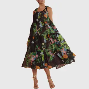 2023 Wholesale Customized Design High Quality Clothing Vintage Flower Printed Lady Elegant Holiday Maxi Dress for Women