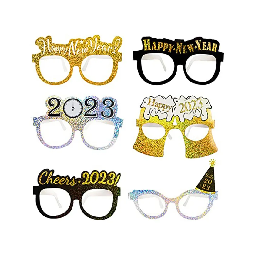 2023 Happy New Year Paper Eyeglasses Creative Black Gold Party Glasses for 2023 New Year's Eve Party Decorations