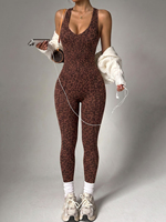 Combinaison de yoga sans couture à imprimé léopard pour femme, sans manches, col en V, une pièce, justaucorps de sport moulant, ensemble de vêtements de sport pour la gym et le fitness