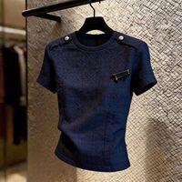 T-shirt unisexe à manches courtes coupe ajustée style bohème design français 2026 été bleu foncé boucle métallique respirant séchage rapide Spandex