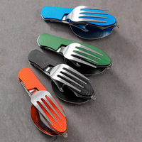 Ustensiles de camping multifonctionnels pliables en gros, 3 en 1, cuillère, fourchette et couteau détachables en acier inoxydable, couverts de voyage pour l'extérieur
