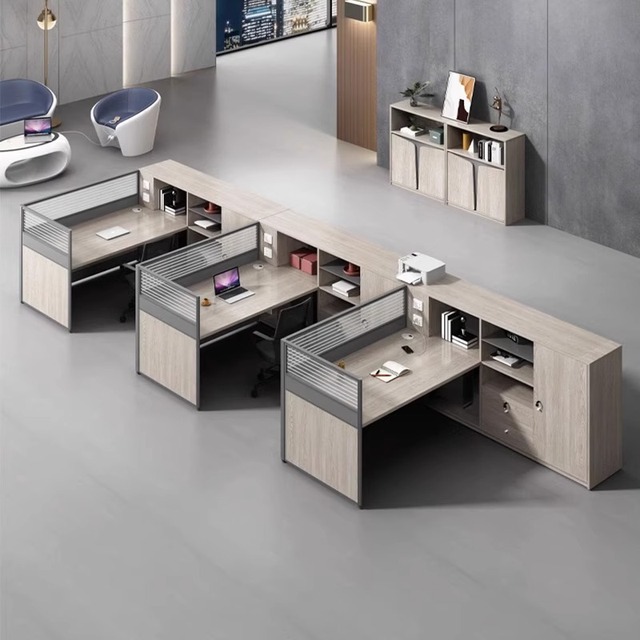 MFC MDF L Shape Corner Financial Custom Made Workstation Computer Table 2 Person 4 Person with Cabinet