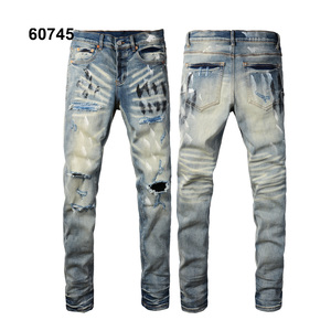 Stock di alta qualità da uomo elasticizzato Slim Fit strappati in Denim traspirante alla moda con Applique stampa strappata di mezza vita - Product Image 5