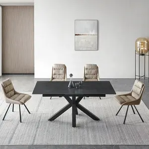 Italian Black Powder Coated Painting Cross legs Two Extension Slide Panel Concrete Colored Ceramic Dining Table