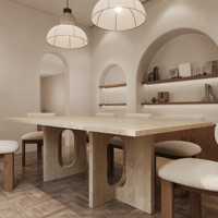 Table à manger en marbre travertin Dream Home, plateau rectangulaire, base en dalle à découpe ovale, pierre naturelle cavée, mobilier de salle à manger