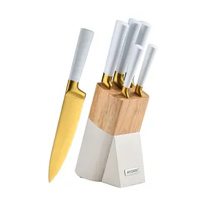 מטבח יוקרה 6 יחידות סכיני ורד זהב ציפוי לבן ידית חלולה סט סכין שף עם בלוק וציפוי עץ גומי