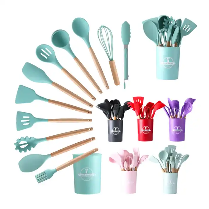 12PCS Silicone Kitchen Utensils Set Non-stick Spatula Shovel Wooden Handle  set