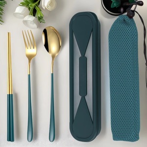 Korean Style Stainless Steel Spoon Fork Chopsticks Set Emerald Green Travel Utensil Kit Easy To Carry Student Outdoor Use - Product Image 1