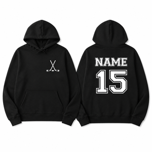 Sudadera con Capucha Personalizada de Hockey sobre Hielo, Negra, con Nombre y Número Impresos con Transferencia Térmica, Diseño de Palos Cruzados en la Parte Delantera, Transpirable y Cómoda - Product Image 1