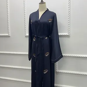 2024 Dubai Abaya EID Premium Muslim Women Abaya Dress Handmade Leaf Pattern Beaded Embroidered Kimono Crepe Satin Abaya Dress