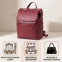 Mochila de Pañales de Cuero Genuino de Lujo, Resistente al Agua y de Gran Capacidad |   Bolsa de Maternidad Color Borgoña Compatible con Cochecito