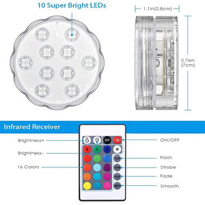 Luz para <span class=keywords><strong>Piscina</strong></span>, Iluminación Subacuática, Lámpara Sumergible RGB IP68 Impermeable, 10 LED PC 4.5V 70x28mm 30000 Horas, Control Remoto RF - Product Image 3