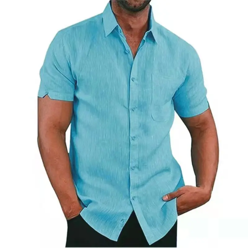 Ecowalson Best Selling Summer Lapel Solid Color Short Sleeve Button Men's Linen Shirt