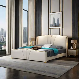 豪華でモダンなベッドルーム家具収納多機能レザー生地メッセージ畳キングサイズ木製ベッド