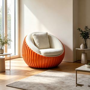 Sillón individual de fibra de vidrio naranja con nervaduras verticales, cojín de bouclé color crema, redondo y cerrado, para sala de estar - Product Image 6