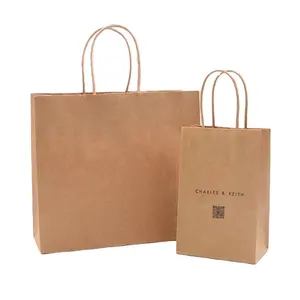 Papiertüten zum Einkaufen Kraft papier Weißes und braunes Kraft papier Twisted Handle Shopping Carrier Bag mit Logo gedruckt