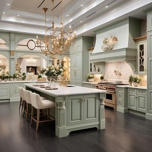 Cocina Modular <span class=keywords><strong>de</strong></span> Madera Maciza <span class=keywords><strong>de</strong></span> Estilo Americano Tradicional con Isla <span class=keywords><strong>de</strong></span> Lujo para Villa - Product Image 1