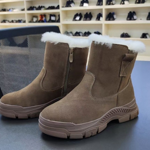 Bottes d'hiver unisexes marron clair à semelle épaisse, talon moyen, fermeture éclair latérale, doublure en laine chaude, bottes courtes pour adultes, couleur unie - Product Image 1