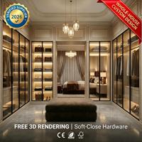 Système de dressing moderne de luxe avec cadre en aluminium, portes en verre et éclairage LED, armoire sur mesure pour chambre principale