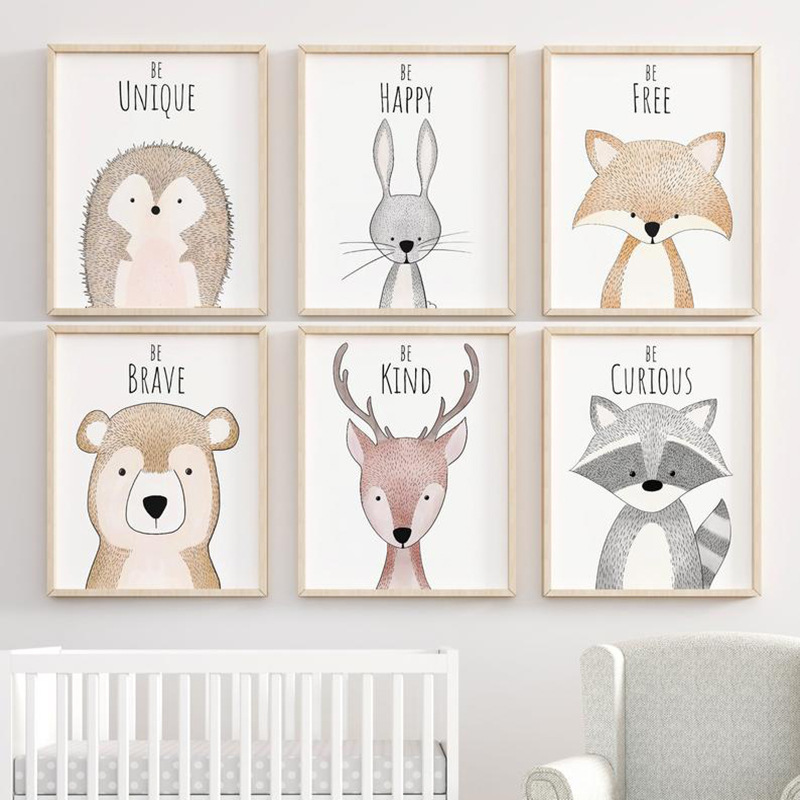 Pintura moderna para decoración de habitación de bebés y niños, arte en lienzo, pintura al óleo de animales del bosque de dibujos animados