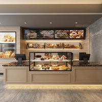 Vitrine à pain et gâteaux en verre trempé scellé, avec panneau en bois LED blanc chaud, beige chaud, style européen classique et quincaillerie dorée