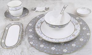 Service de Table de Luxe en Porcelaine Fine 10 Pièces Motif Floral Gris Bleu Bord Doré Compatible Lave-Vaisselle Kit d'Ustensiles Mariage Maison Hôtel - Product Image 1