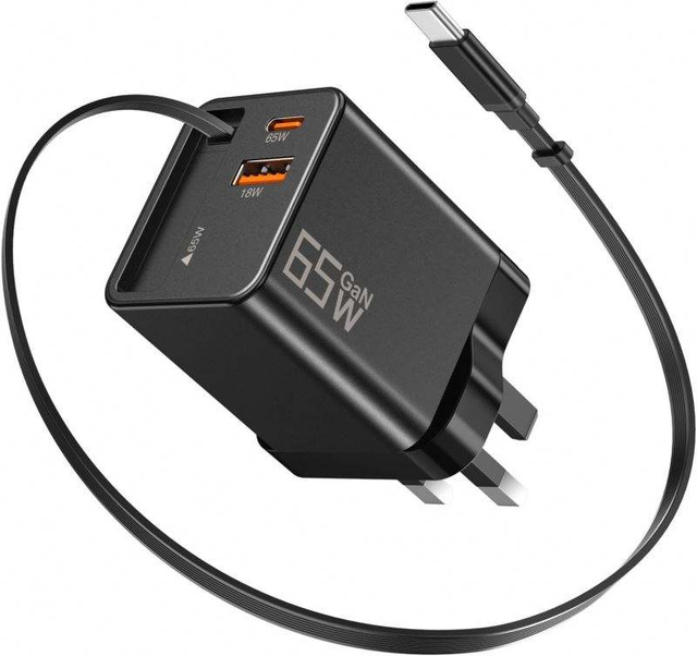 GaN Tech 65W Dual Port PD Wall Charger with 2ft USB C Cable for MacBook Laptops