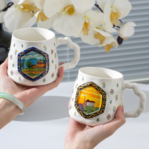 Tasse à eau en céramique peinte à la main de style nordique vintage, mugs uniques, mugs esthétiques, tasse à café avec couvercle - Product Image 6