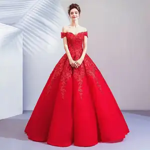 7884#Floor Length Strapless Off Shoulder Lace Applique Pleating Sweetheart Pleating Red Ball Gown Wedding Dress Bridal Gown