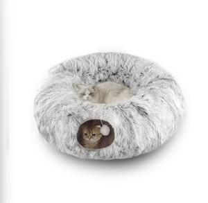 Lit tunnel pliable multifonctionnel pour chat, design beignet avec boule d'herbe à chat intégrée, lit chaud pour animaux de compagnie pour chiens, chats et hamsters - Product Image 1