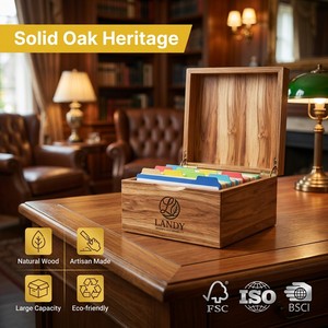 Organisateur de <span class=keywords><strong>cartes</strong></span> d'indexation en bois naturel Landy, boîte de rangement pour recettes en pin massif avec couvercle rabattable, <span class=keywords><strong>cartes</strong></span> catégorisées pour cuisine et maison, vente en gros - Product Image 1