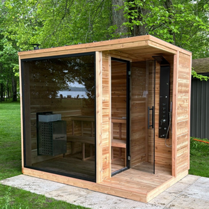 Sauna extérieur moderne personnalisé en <span class=keywords><strong>bois</strong></span> massif avec porte latérale panoramique et <span class=keywords><strong>douche</strong></span> à vapeur - Product Image 1