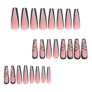 Uñas prensadas personalizadas Manicura Acabado Largo Negro Mariposa Patrón francés Consejos Uñas postizas con diamantes - Product Image 2