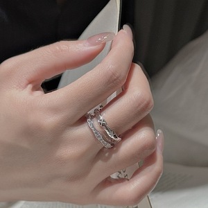 S925 Pure Silver Double-Layer <b>Ring</b> with Niche Design Simple Fashionable French Vintage Geometric <b>Opening</b> Inlay Hip-Hop Style - Product Image 2