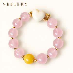 Pulsera de cuentas mixtas de cuarzo rosa con cuentas decorativas amarillas y blancas - Product Image 1