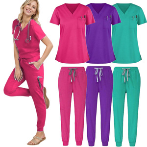 Women's Scrub Set Short Sleeve V <b>Neck</b> High Waist Knitted Medical Uniforms For Work Split Set With Label - Product Image 1