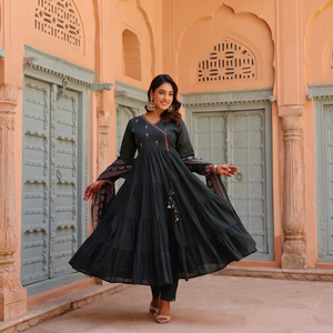 Elegant Deep Green 60x60 Cotton Pintex <b>Kurta</b> Pant Dupatta Set with Floral Embroidery and Tiered Flared Design for <b>Women</b> - Product Image 1