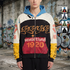 เสื้อฮู้ดซิปผู้ชายสไตล์สตรีทแวร์ปรับแต่งได้ ผ้าคอตตอนหนา 420 กรัม ตกแต่งด้วยสีตัดต่อแบบแพทช์เวิร์ค แต่งดีเทลลายขาดและประดับคริสตัล - Product Image 4