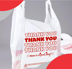 Sacs en plastique biodégradables personnalisés pour supermarché avec poignées T-shirt et impression « Merci » - Product Image 4