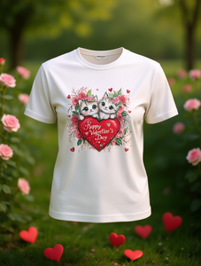 T-shirt da donna per San Valentino con stampa gatto e cuore, girocollo, manica corta, casual, primavera estate, 100% cotone jersey - Product Image 2