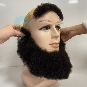 Nouvelle arrivée : Moustache et barbe en cheveux humains Remy indiens naturels noirs, bouclés <span class=keywords><strong>afro</strong></span> de 4 mm, entièrement noués à la main avec une ligne de cheveux faite à la main - Product Image 3