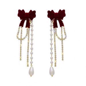 Fashion Jewelry Women <b>French</b> <b>Vintage</b> Wine Red Bowknot Rhinestone Pearl Tassel Stud Earrings Alloy Gold Plated Designer - Product Image 1