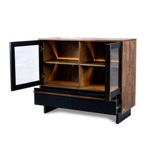Armoire de rangement Oxberg en bois noir et naturel avec portes vitrées, tiroirs et éclairage intérieur LED - Product Image 5